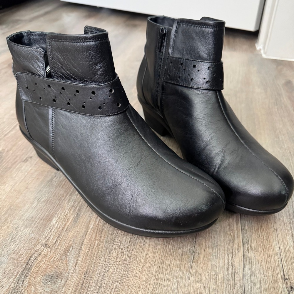Abeo Cayley Black Leather Ankle Boots Perforated Strap Low Wedge Zip Up Womens